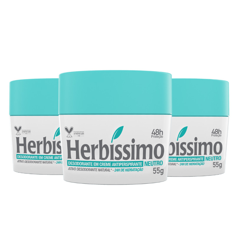 Kit 3 unid - Desodorante Creme Antitranspirante Herbíssimo Neutro 55G