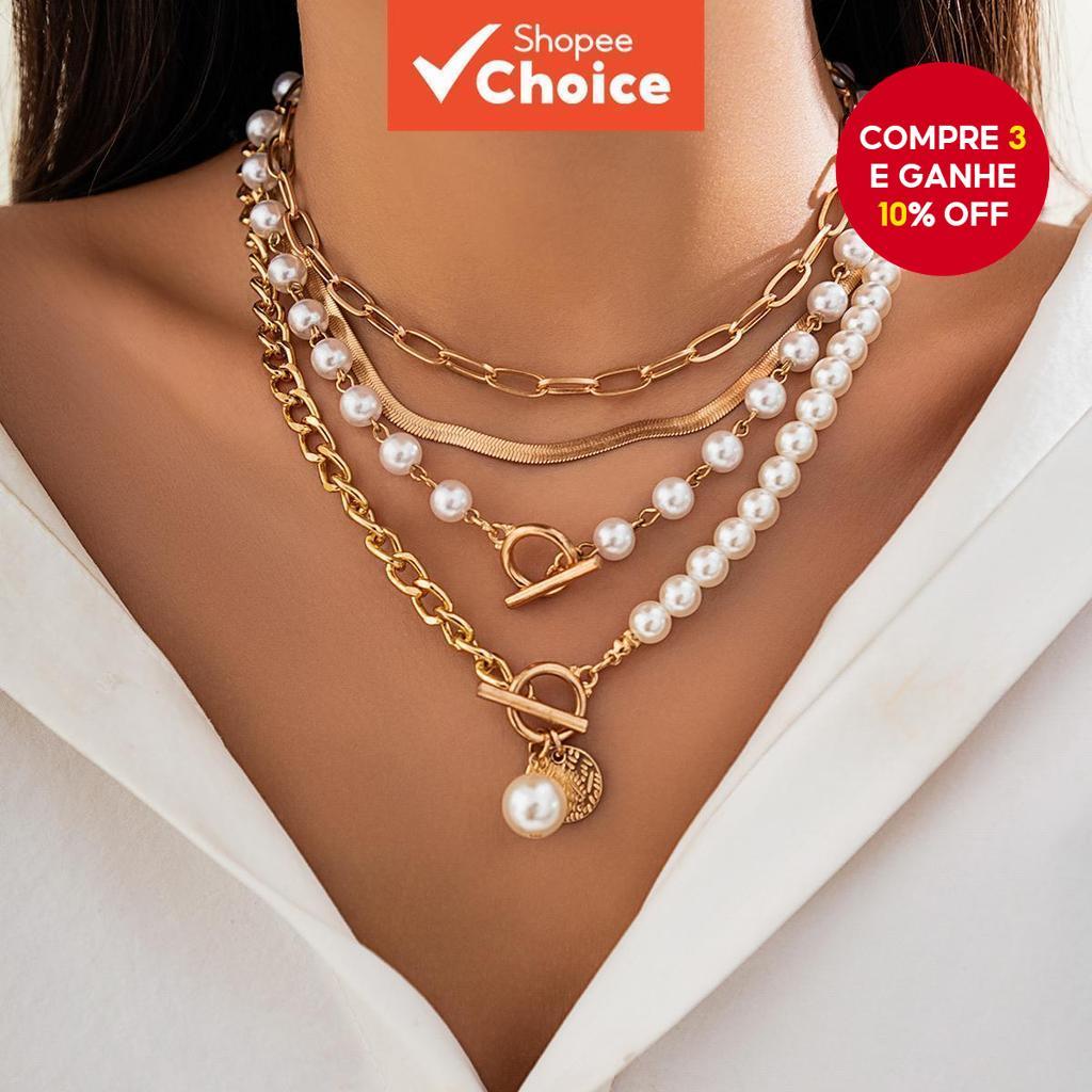 Conjunto De Colar De Contas De Pérola De 4 Unidades Para Mulheres Gargantilha De Camadas Ajustáveis Presente De Joia em Oferta na Shopee