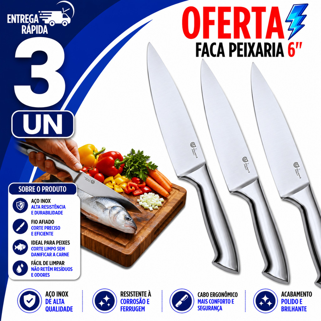 FACA PEIXEIRA INOX 6" PROFISSIONAL CORTE PRECISO PEIXE CARNE CHURRASCO AÇOUGUE COZINHA UTENSÍLIO DURÁVEL