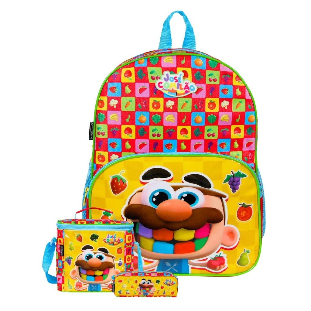 Kit Mochila Escolar de Costas Infantil G + Lancheira + Estojo Dermiwil José Comilão