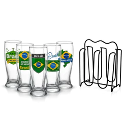Kit 6 Copo Brasil 200ml Decorado + Suporte Organizador Preto