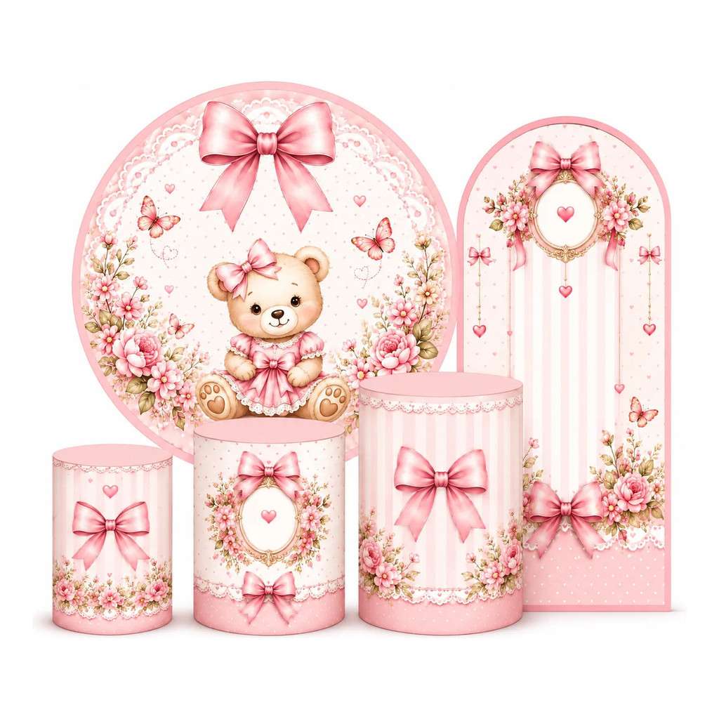Kit Capa Painel Redondo 150x150cm Mais Trio Capas Cilindros Mais Capa Painel Romano 2x1 1 Verso Tema Lacinhos Rosas