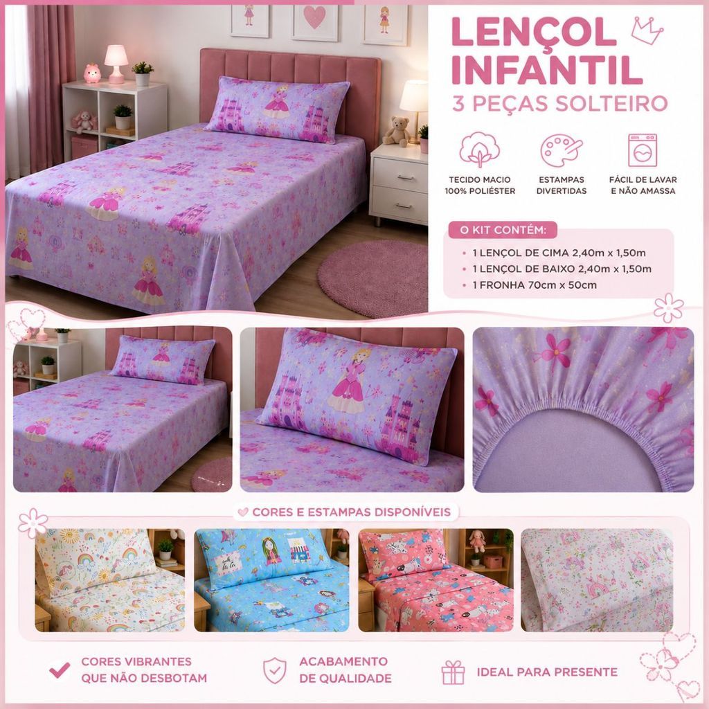 Jogo de Lençol Solteiro 03 Peças Infantil Juvenil MicroPercal Estampada Meninas