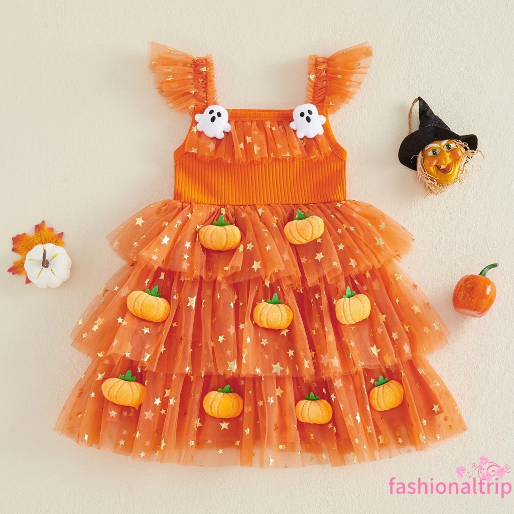 [FaSh] Vestido Infantil Feminino Manga Voadora Gola Quadrada 3D Abóbora Recheada/Decoração Fantasma Vestidos De Tule Em