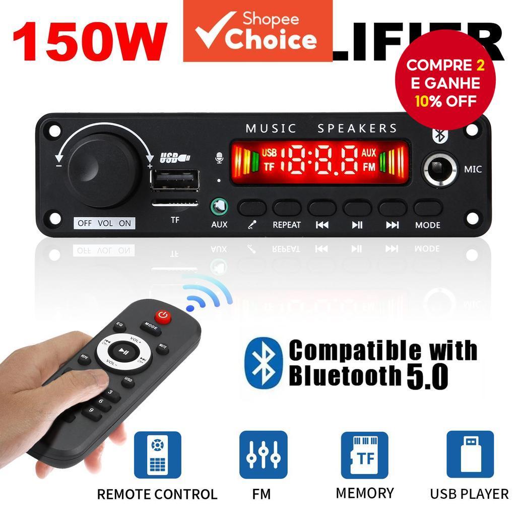 Amplificador 2 * 75W Bluetooth 5.0 12V DIY MP3 Player Rádio TF Microfone USB Chamada Viva-Voz
