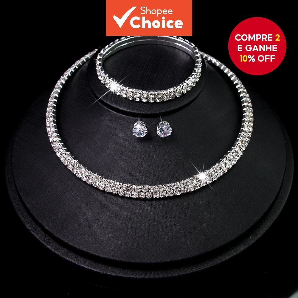 3 Pçs Strass Borla Colar Brincos Pulseira Conjunto Feminino Festa De Casamento em Oferta na Shopee