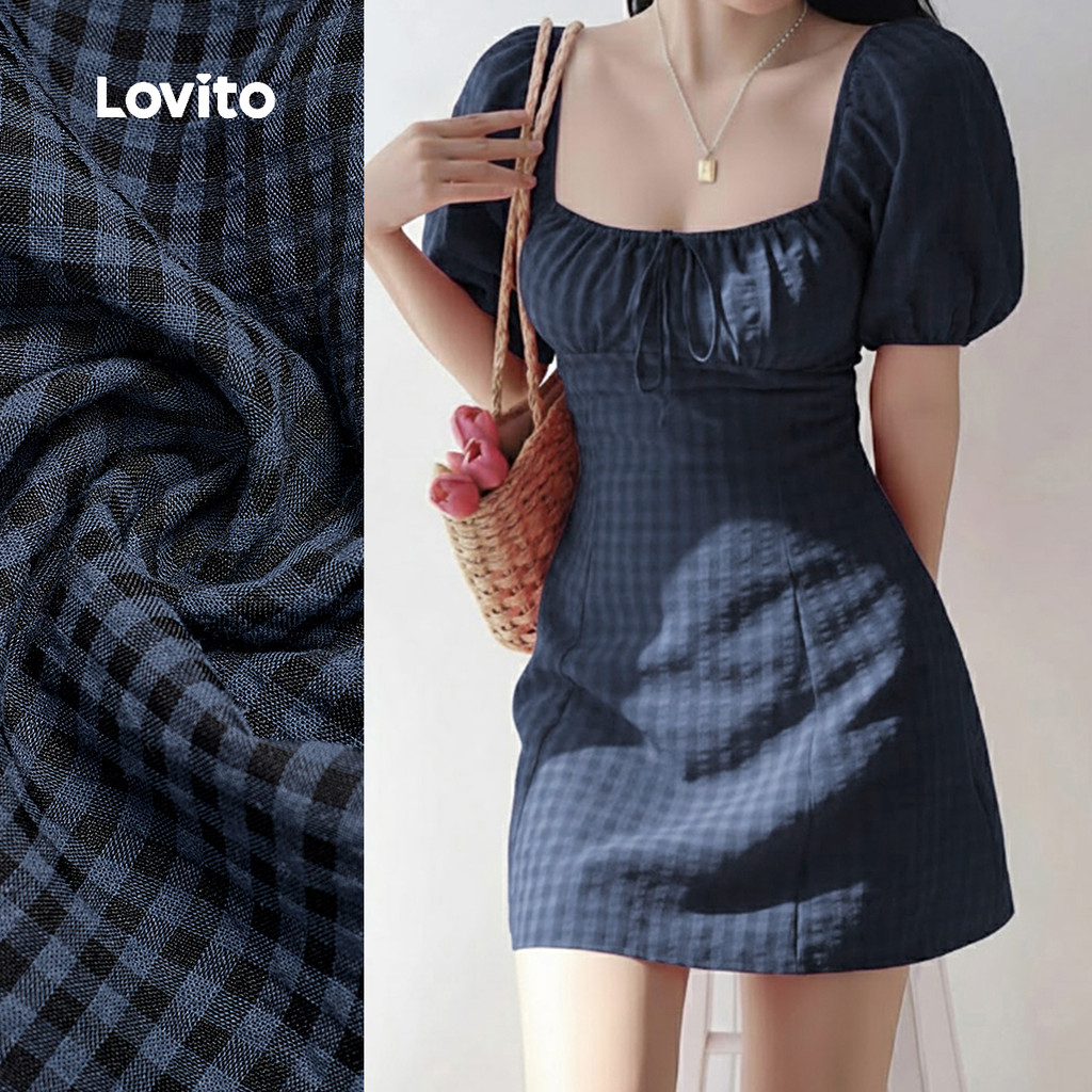 Lovito Vestido Casual Jacquard Primavera/verão Azul para Mulheres L164ED070