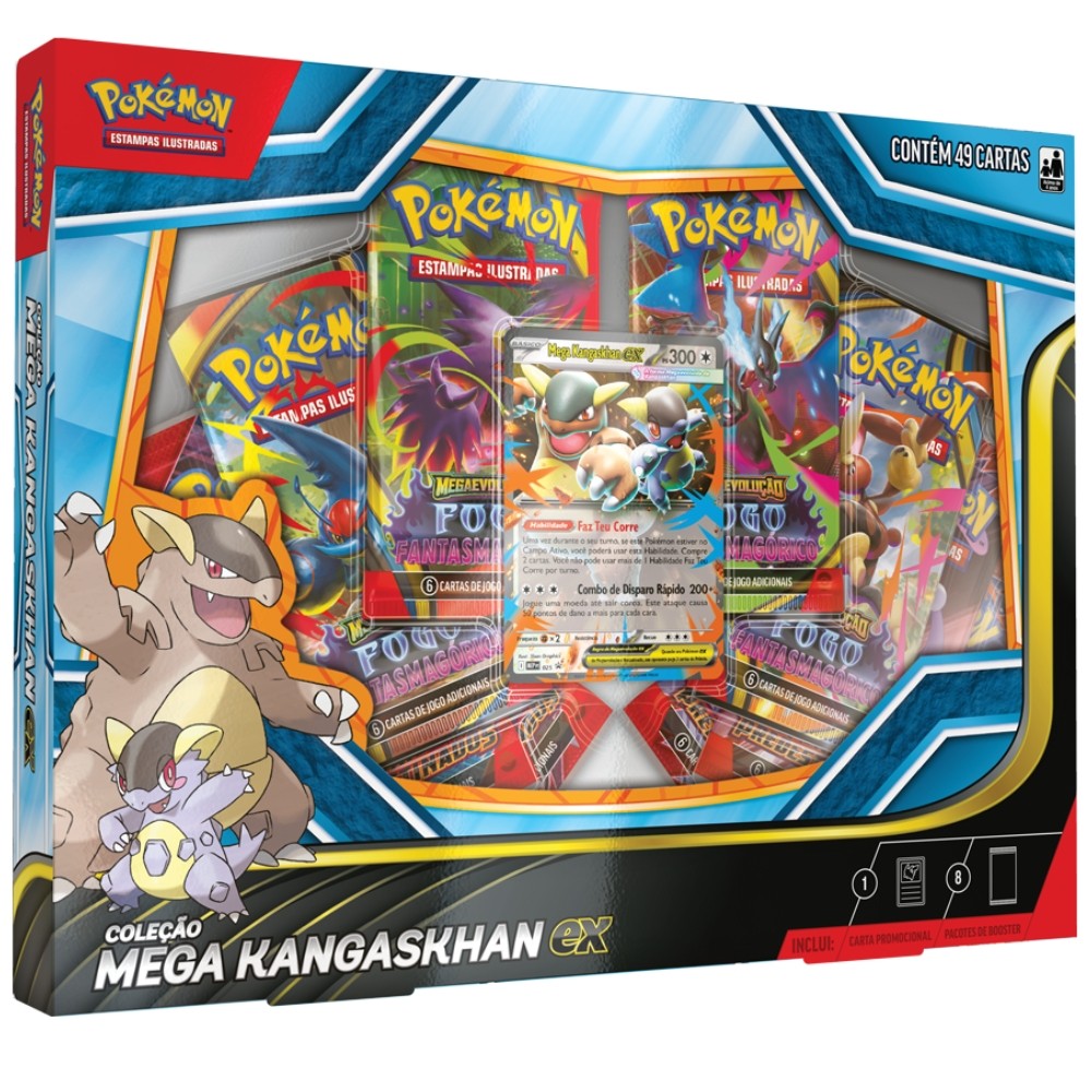 BOX POKÉMON COLEÇÃO MEGA KANGASKHAN EX COPAG EVOLUÇÃO ME02 TCG 49 CARTAS BOOSTERS MEGAEVOLUÇÃO