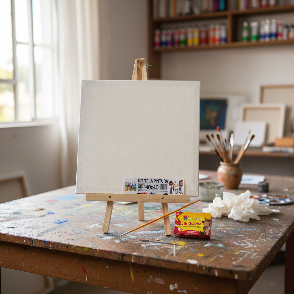 Kit Cavalete + 1 Tela 40x40 + Pincel + 6 Tinta Escolas Artes