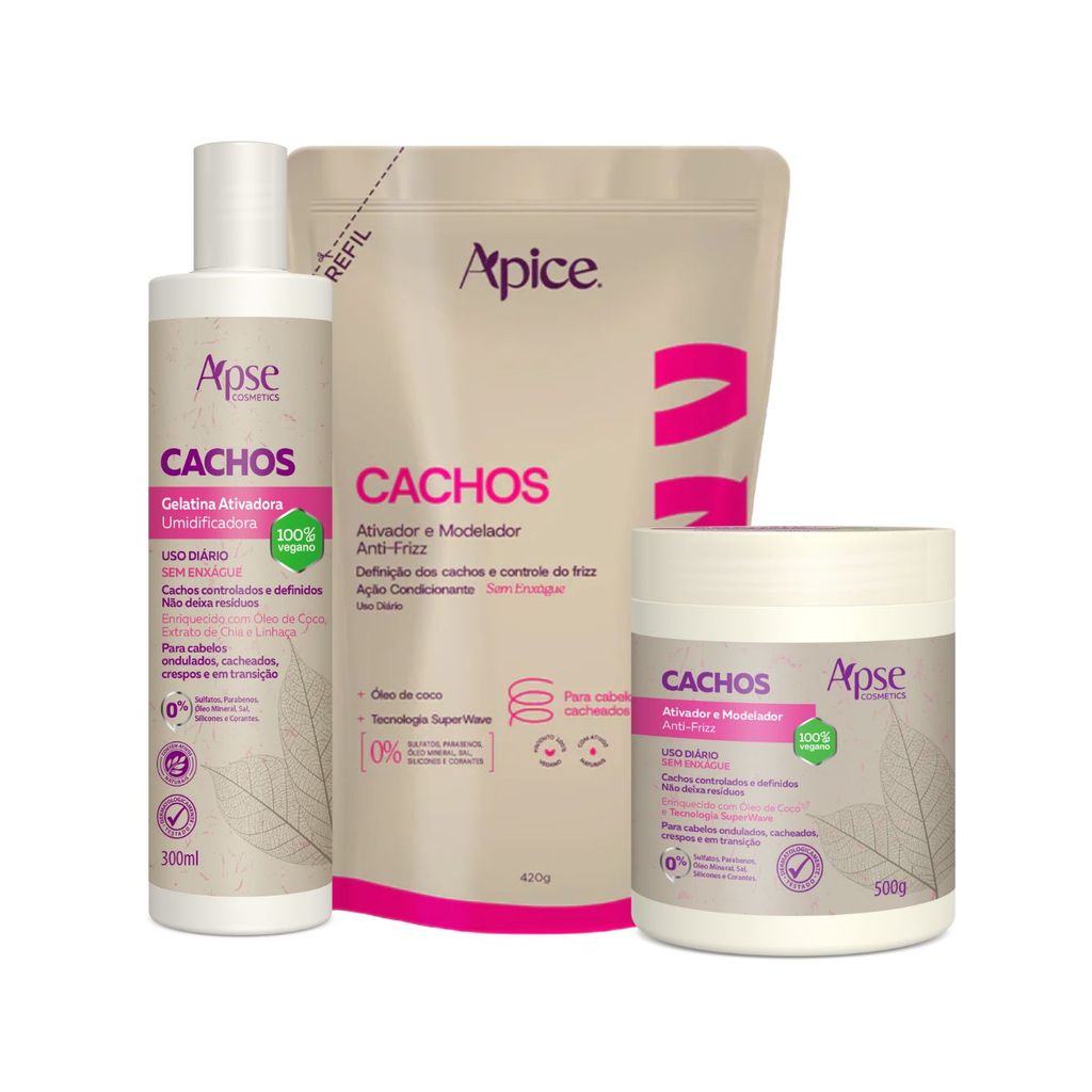 Kit Gelatina 300ml, Ativador e Refil Ativador 500ml cachos Apice