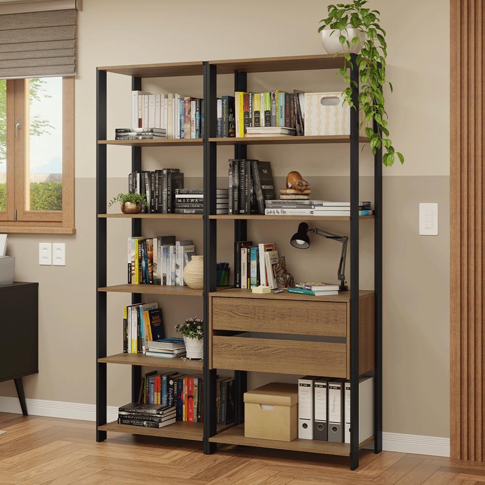 Estante Armário Multiuso para Escritório 129cm 9 Prateleiras 2 Gavetas Madesa