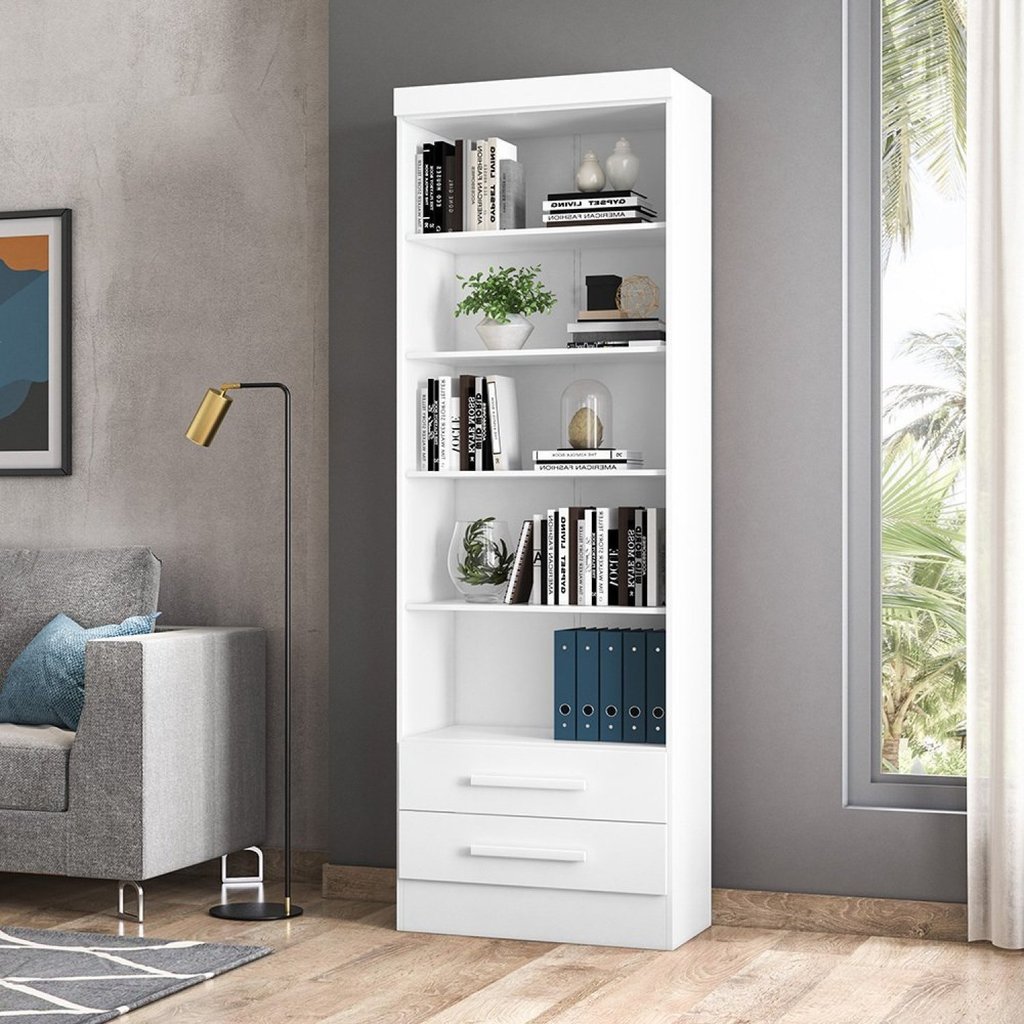 Estante de Livros 61,6CMX183CM 5 Prateleiras 2 Gavetas Anti-Tombamento Branco Qmovi Branco