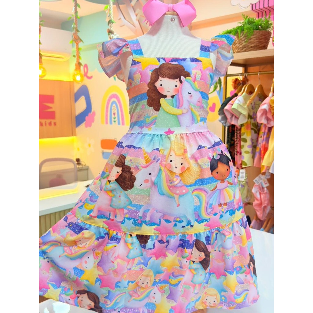 Vestido Unicórnio Arco Iris infantil menina roupa criança