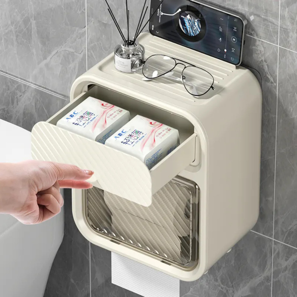 Detalhes do Caixa Porta Papel Higiênico Dispenser Organizador Banheiro Com Suporte Celular e Porta Detergente