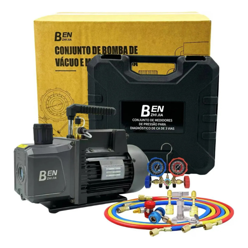 Bomba de Vácuo 2 Estágios 7 CFM 1/2HP + Manômetro Refrigerante R22/R134a/R410A, Kit para Ar Condicionado e Refrigeração