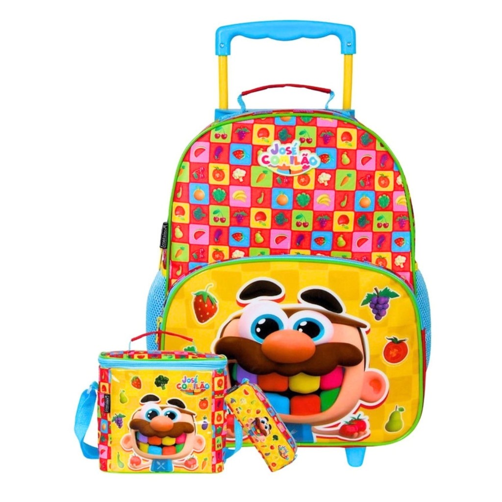 Kit Mochila de Carrinho Escolar Infantil + Lancheira + Estojo + Garrafa Dermiwil José Comilão