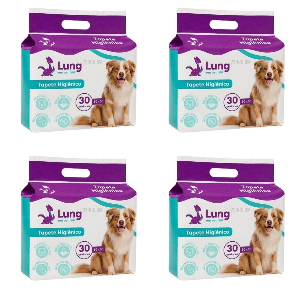 Kit 4 Tapete Higienico 50x60cm 30Un p/ Cachorro Pet Gel Absorvente Borda Colante