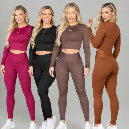 Conjunto Legging Cintura Alta e Cropped Manga Longa Fitness Feminino Savancini Lycra Não Transparente Academia