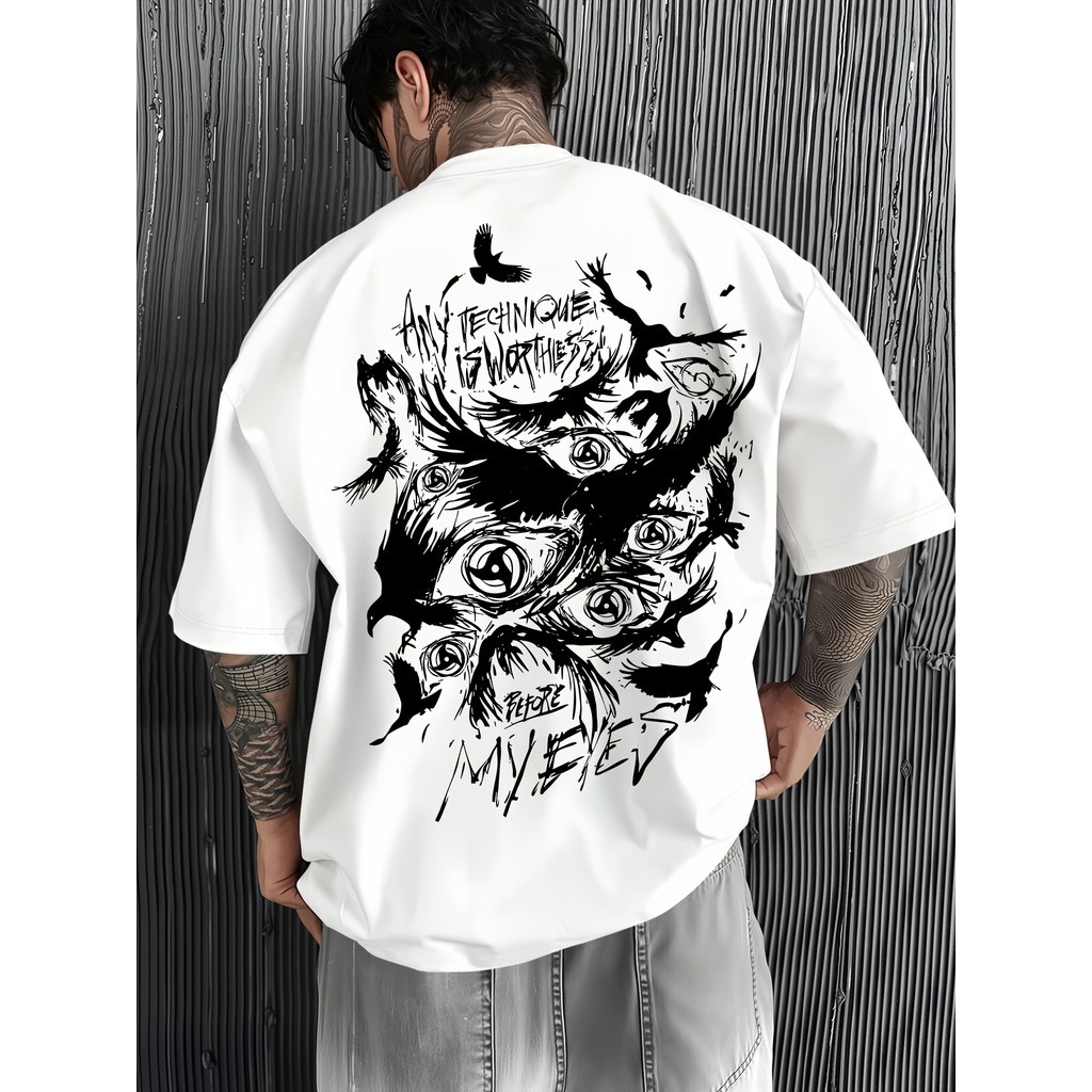 Camiseta estampada premium em puro algodão Camiseta Masculina Gótica Streetwear Back Print Preta Branca Estilosa Moderna