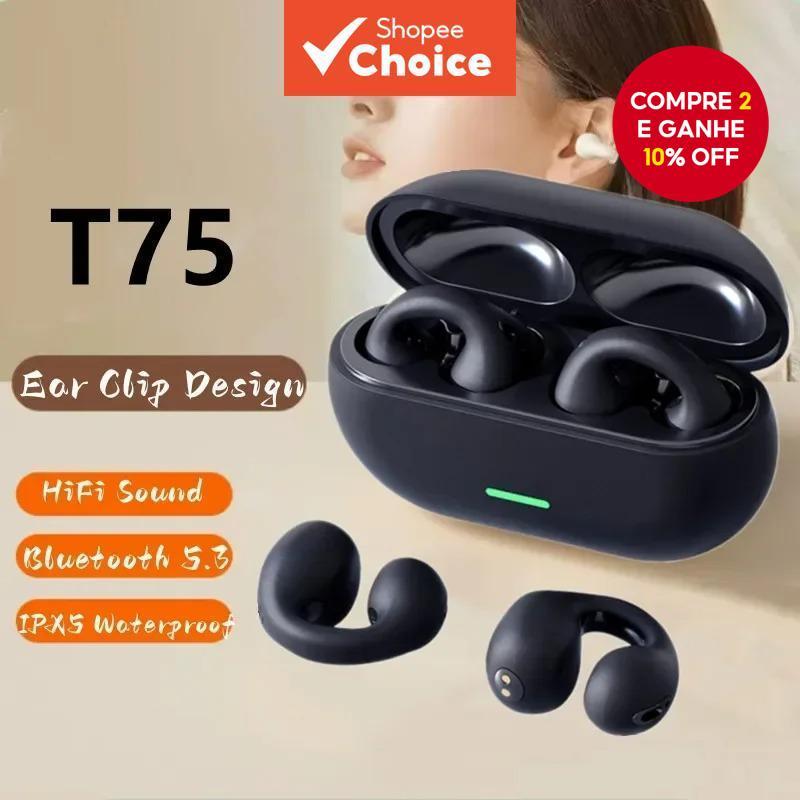 T75 Fones De Ouvido Clipe De Jogos Bluetooth 5.3 Sem Fio Música Cancelamento Ruído Fone HD Chamada Esportes Correndo em Oferta na Shopee