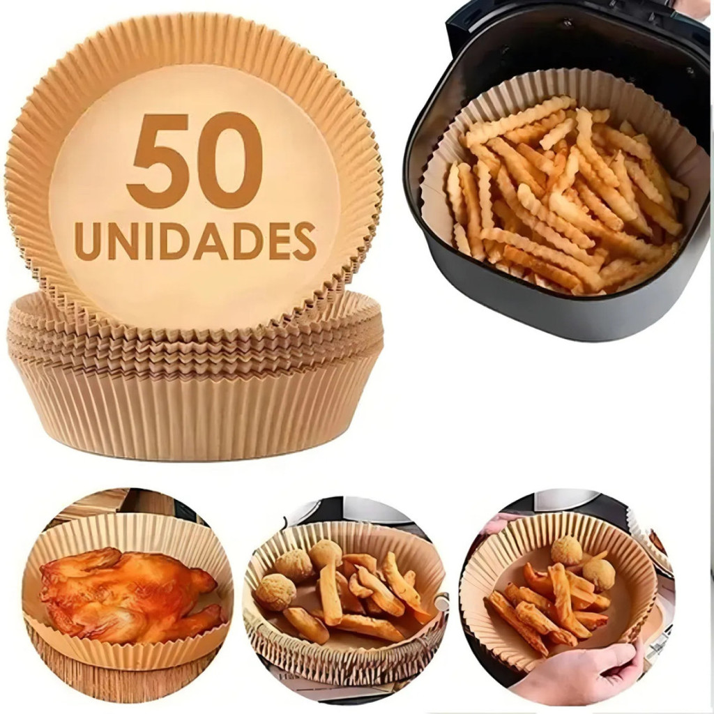 Kit 50 Formas Air Fryer Descartável Antiaderente Papel Protetor Cesto Assadeira Fritadeira