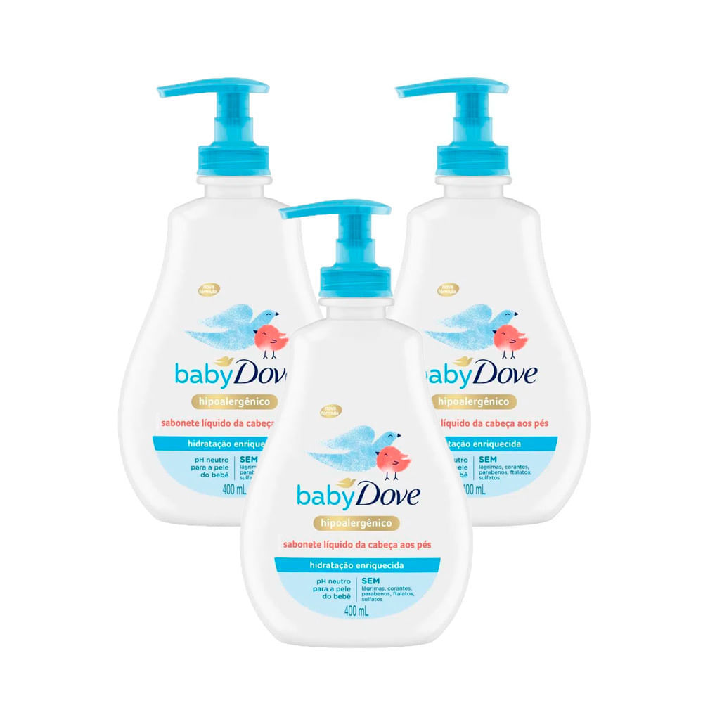Kit 3 Sabonete Líquido Baby Dove da Cabeça aos Pés Hidratação Enriquecida 400ml em Oferta na Shopee