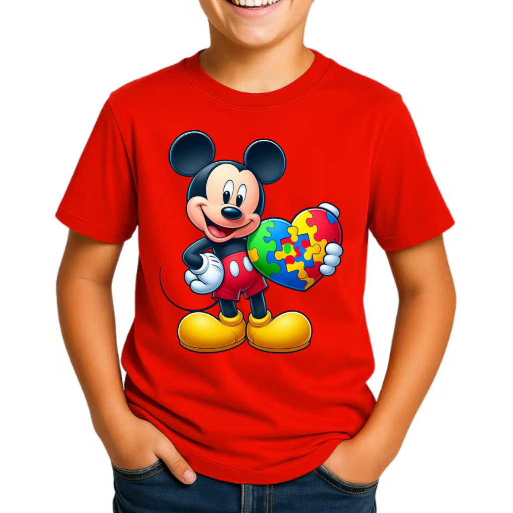 Camiseta Infantil Juvenil Autismo Mickey Mouse Camisa Estampada Autista 100% Algodão Criança Feliz