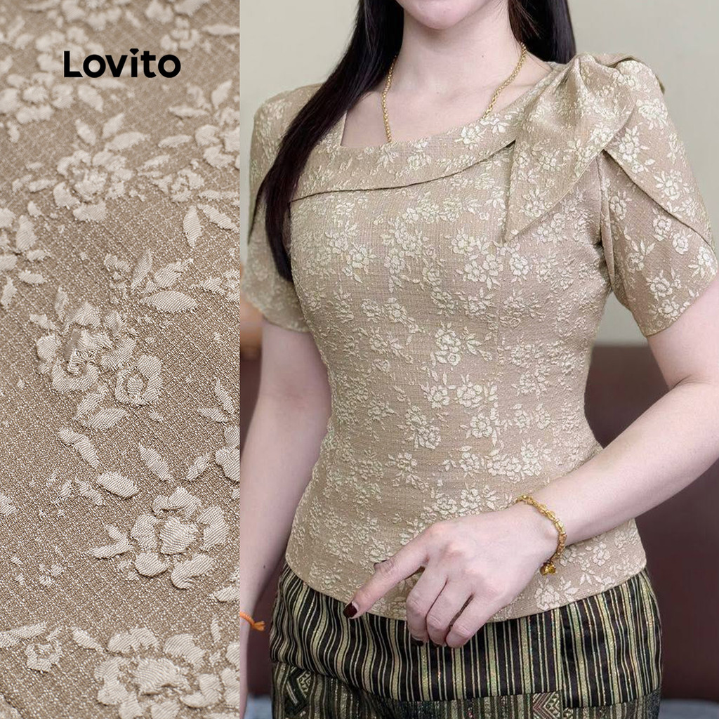 Lovito Blusa Elegante Jacquard Assimétrica Primavera/verão Marrom para Mulheres L165ED1502 em Oferta na Shopee