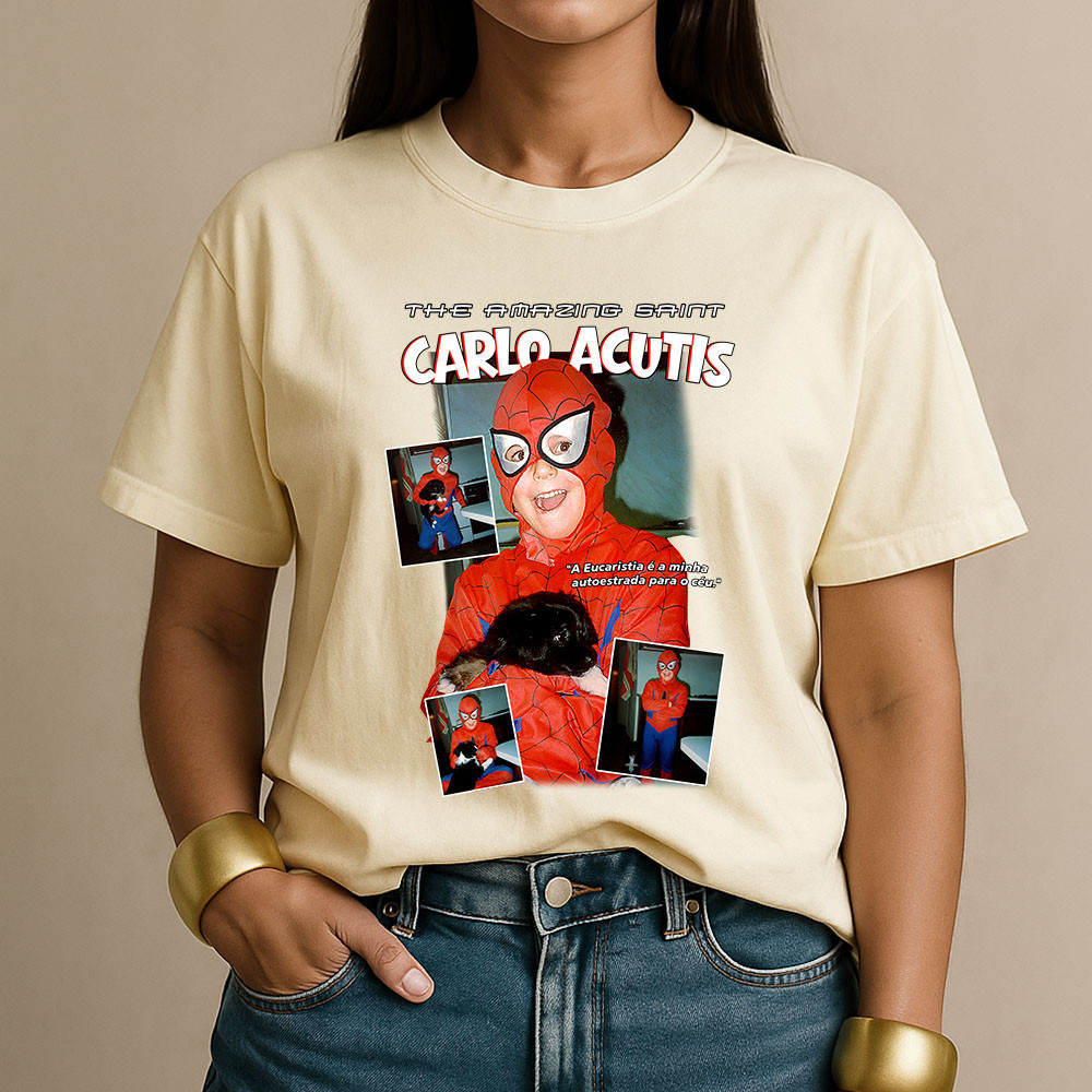 Camiseta Católica Santo Carlo Acutis Igreja Algodao Unissex Culto Camisa Religiosa Milagre