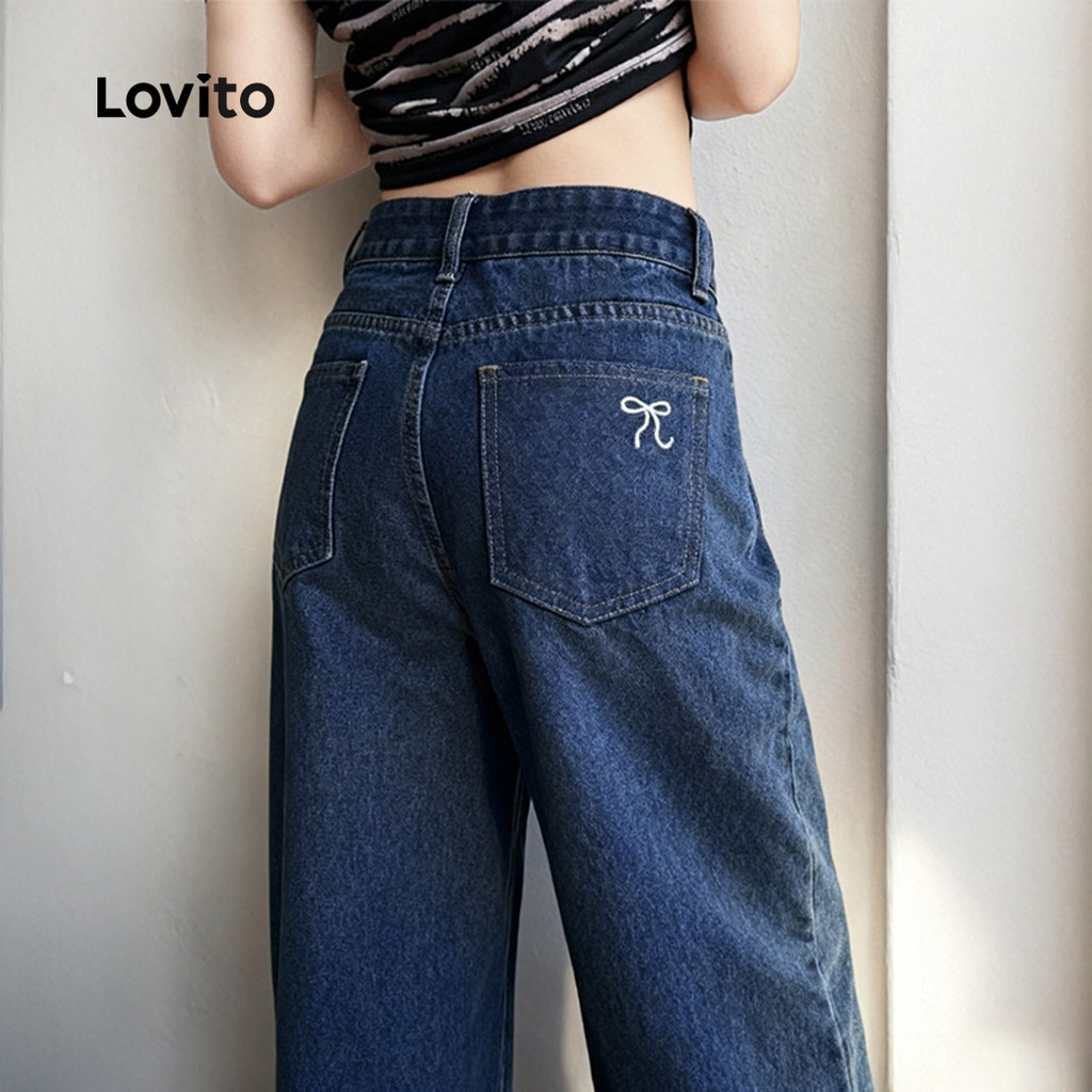 Detalhes do Lovito Jeans Casuais com Bordado de Bolso para Todas As Estações Jeans Femininos Azul Escuro L166AD347