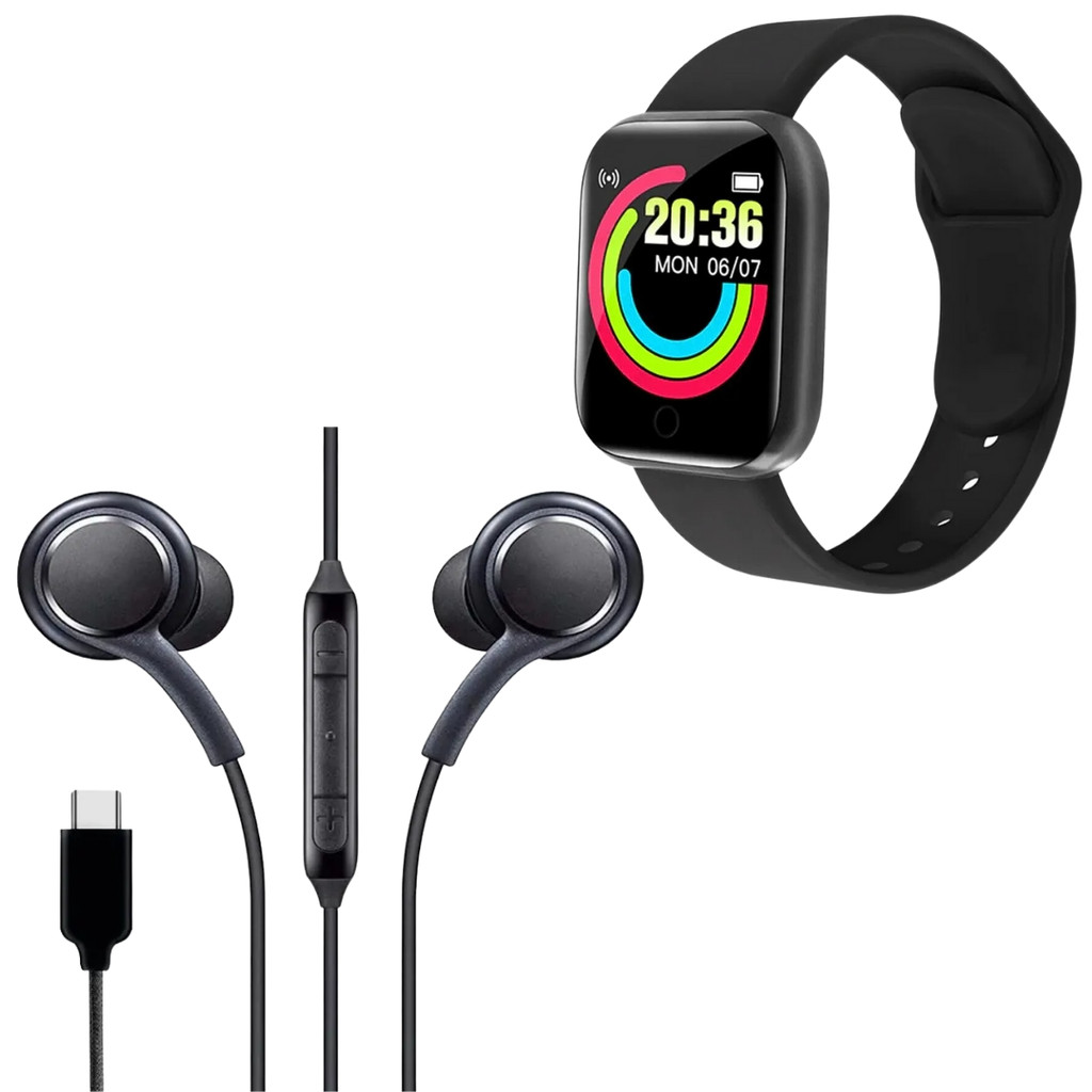 Kit Com Smartwatch Relógio Fitness com Monitor Cardíaco + Fone de Ouvido USB-C Touch Screen Bluetooth Contador