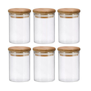 Kit 3 OU 6 OU 9 Potes Para Tempero Vidro 250ml Hermético Tampa Bambu Cor Transparente