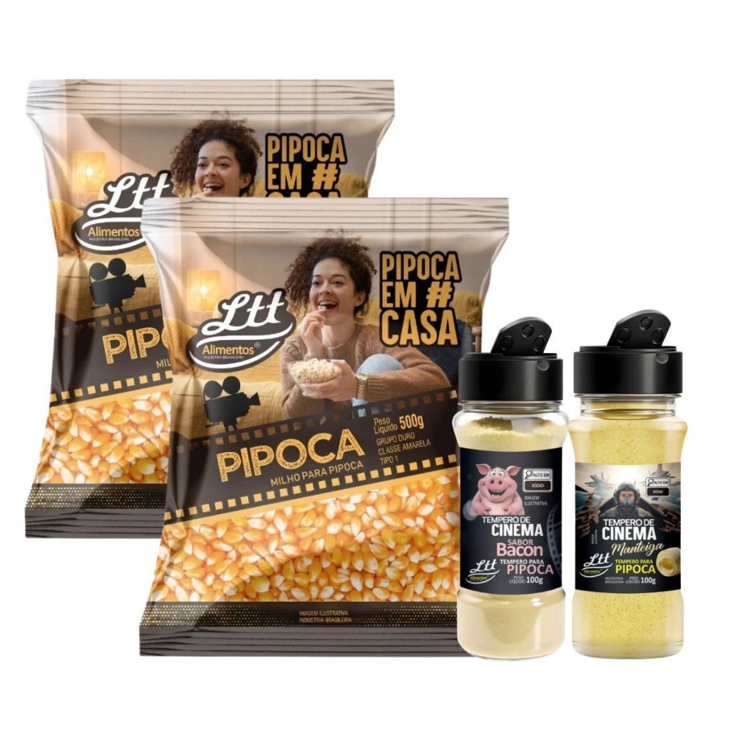 Milho De Pipoca Em Casa 1Kg + 2 Tempero Sabor Bacon E Manteiga 100g