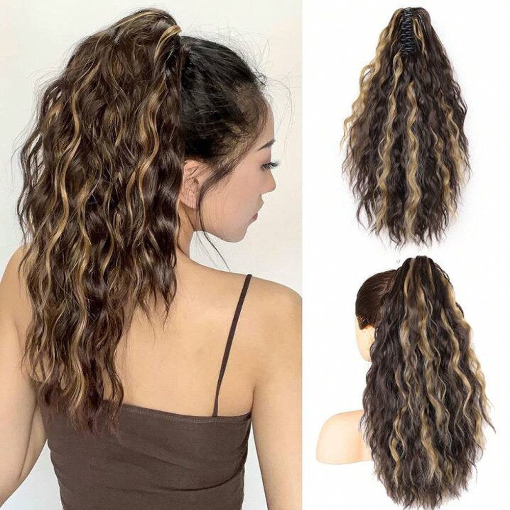 Grab fofo feminino milho rabo de cavalo ondulação de água rabo de cavalo Perm peça peruca europeu americano longo encara