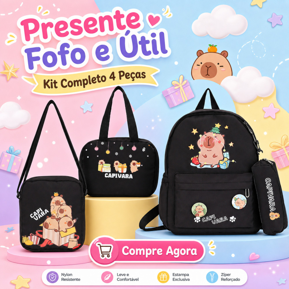 Kit Mochila Capivara 4 Peças Completo - Escola, Passeio e Viagem Perfeito para o Dia a Dia Escolar