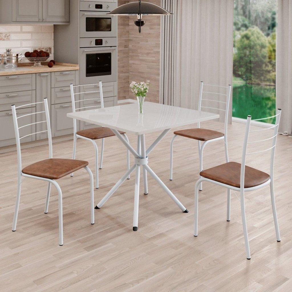 Conjunto Sala de Jantar Mesa Quadrada 70x70cm Tampo Madeira Mdp 4 Cadeiras Rio Marrom/Branco