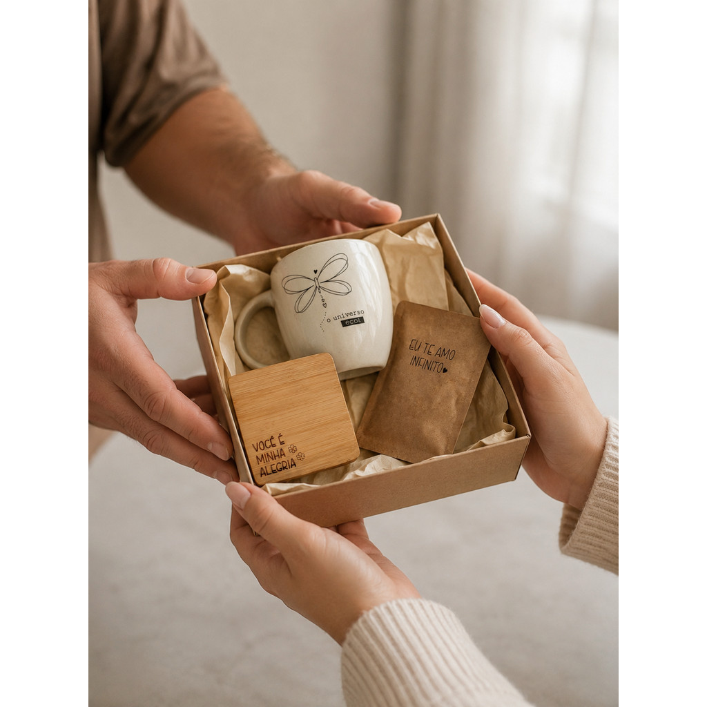 Kit Presente Dia dos Namorados - Caneca, Porta Copo e Sachê de Café em Linda Sacola Presenteável