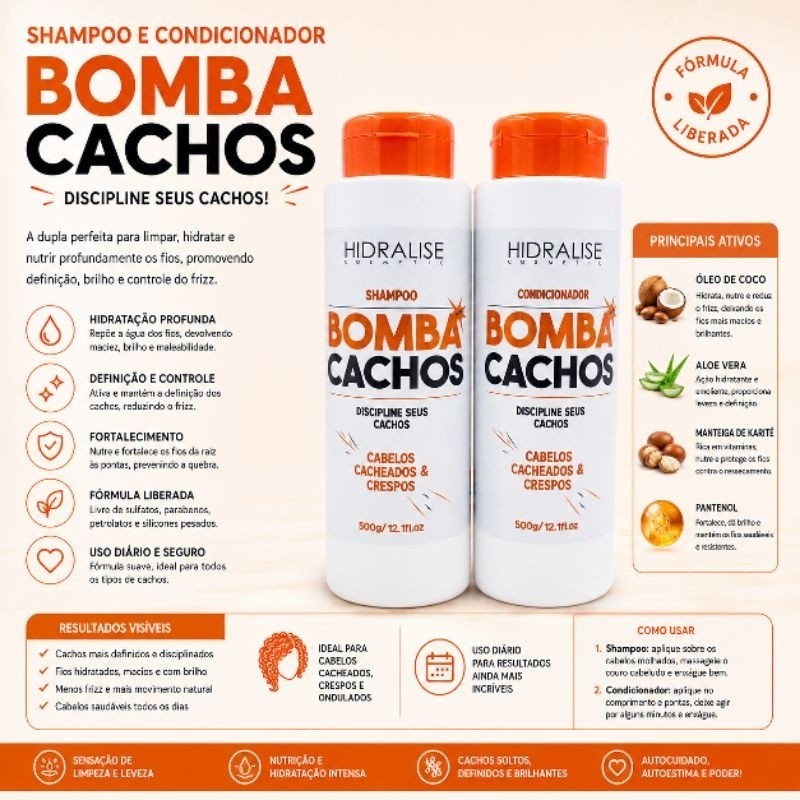 Hidralise Kit Shampoo & Condicionador Bomba Cachos 500 ml cada com Óleo de Argan Coco Karité e Quinoa para Cabelos
