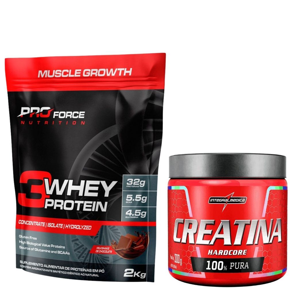 Kit Whey Protein Pro Force 2kg + Creatina 300g Integralmedica Hipertrofia Força e Performance