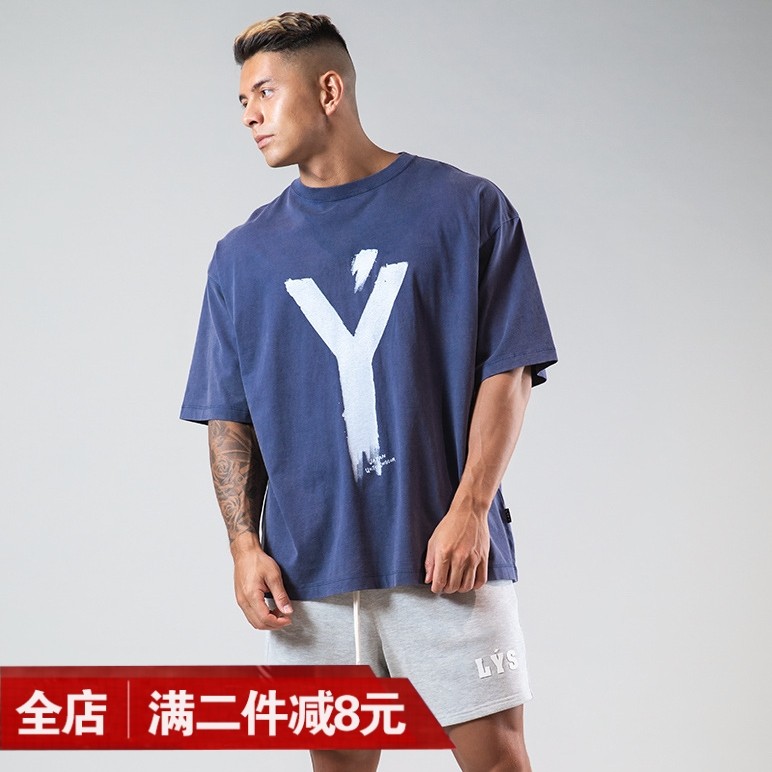 Músculo na moda solto meia manga tamanho grande ombro caído camiseta de manga curta masculino irmão esportes lazer corre