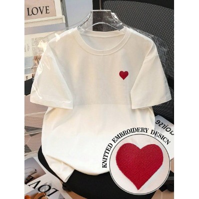 Resyla Camiseta de Manga Curta Feminina Folgada com Bordado de Coração, Mais Vendida