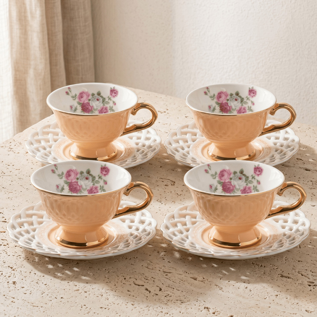 Jogo 4 Xicaras Pires Cafe em Porcelana Fina New Bone Rosas Floral Pires Vazado Filete Ouro Luxo 90ml