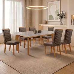 Mesa de Jantar Liz com 6 Cadeiras Lira Tampo Mdf com Vidro Marrom 180cm X 90cm Moderna
