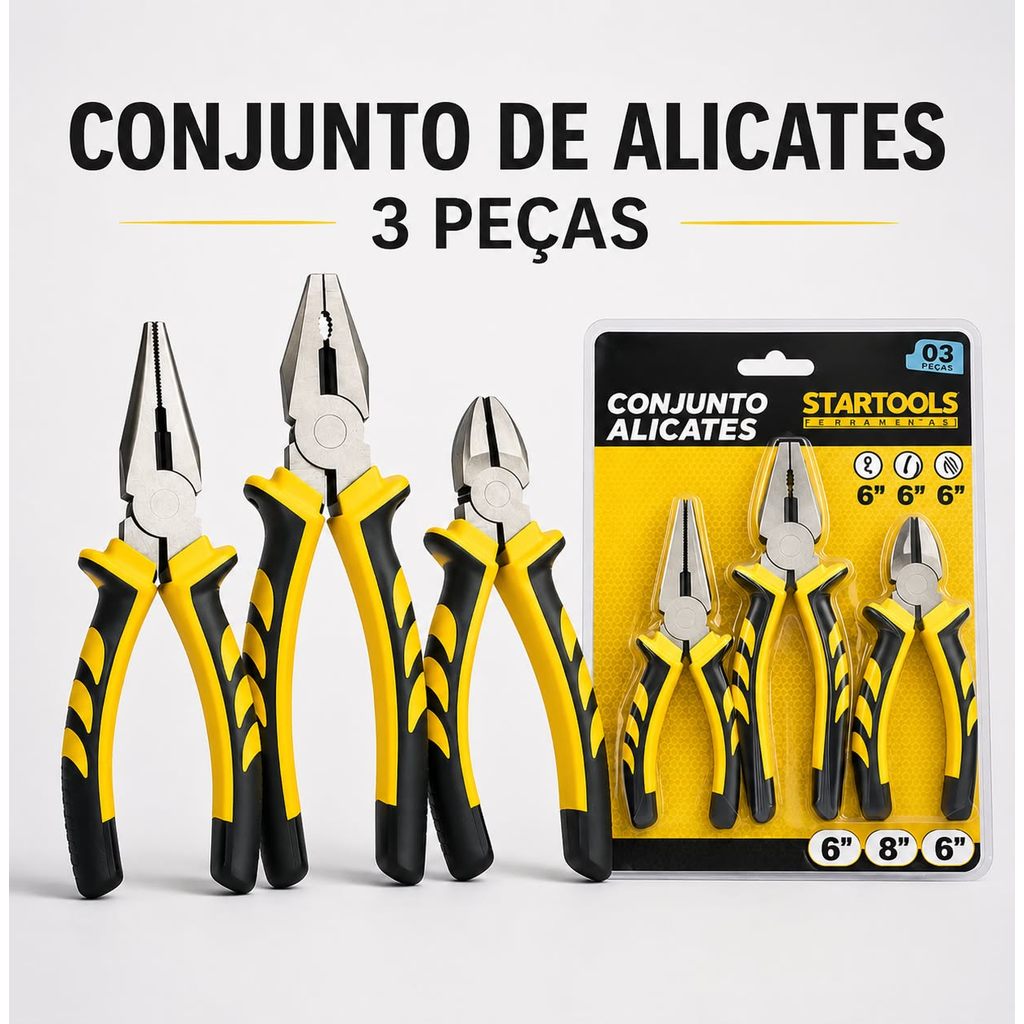 3 Peças de Kit de Alicates Premium Bico Reto 6" Corte 6" Universal 8"