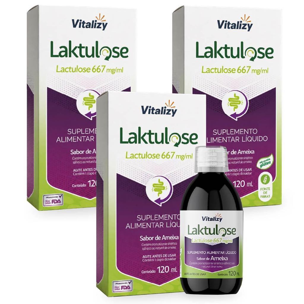 KIT Lactulose 3 Caixas de 120ml cada Vitalizy 667mg/ml  Ameixa Regulador Intestinal Sem Glúten Fonte De Fibras Natural