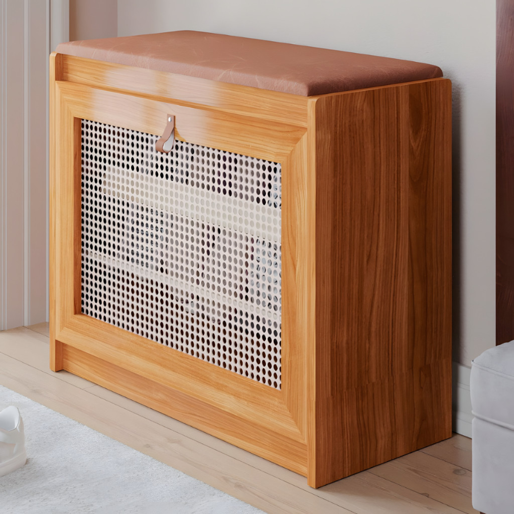 Sapateira de Madeira Maciça com Banco Estofado Banqueta Multiuso Porta Basculante Rattan Retrô