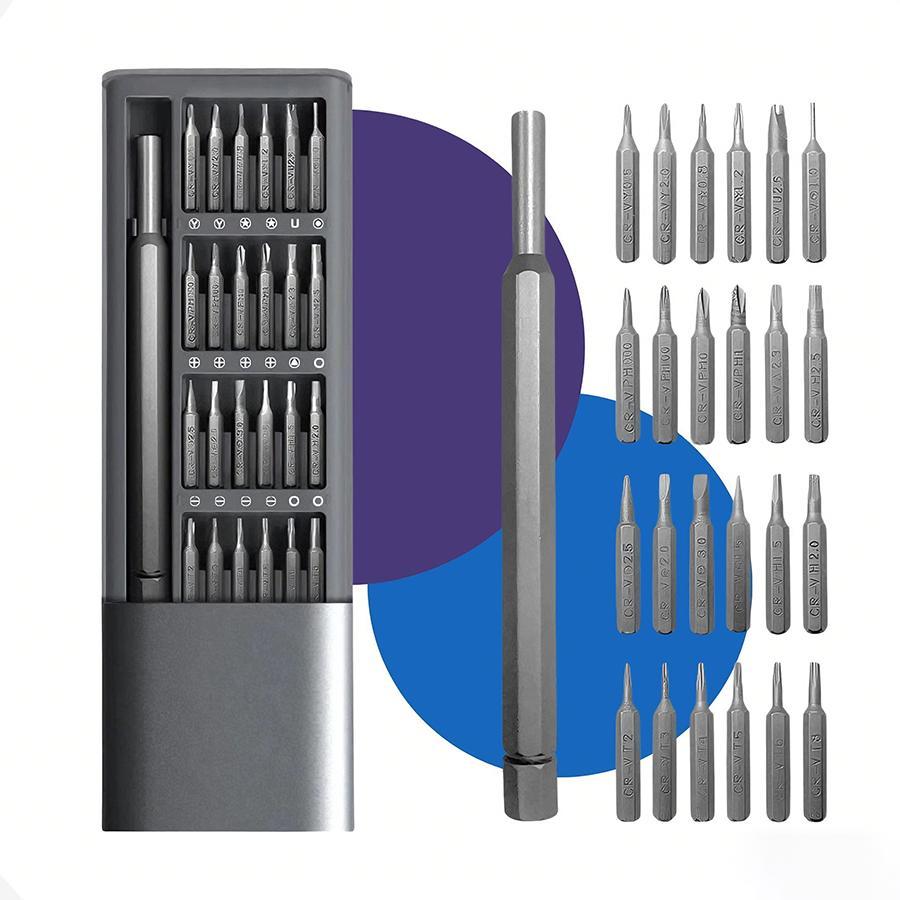 Kit Ferramenta Precisão 24 Peças, Chave Magnética Aço S2, Reparo Eletrônico Celular Notebook Tablet Câmera