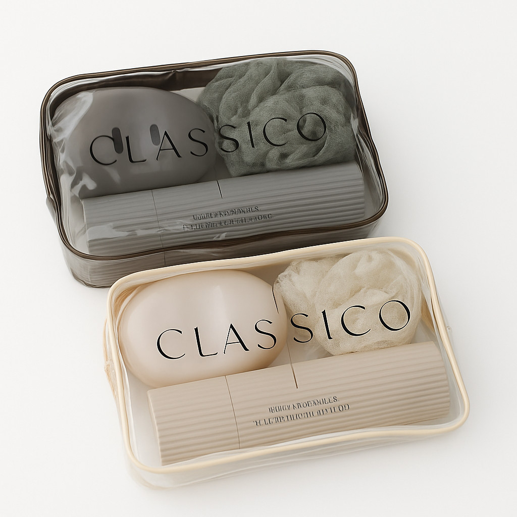 Imagem Kit Acessórios de Viagem 5 peças com bolsa porta escova pente saboneteira e ducha higiene pessoal