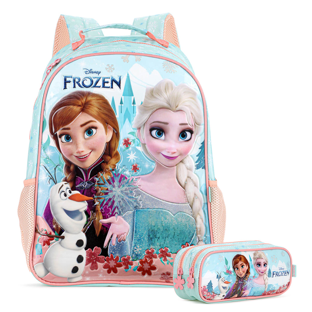 Kit Mochila 16 14742 + Estojo Duplo 14746 Xeryus Frozen Escolar Azul e Salmão - Infantil