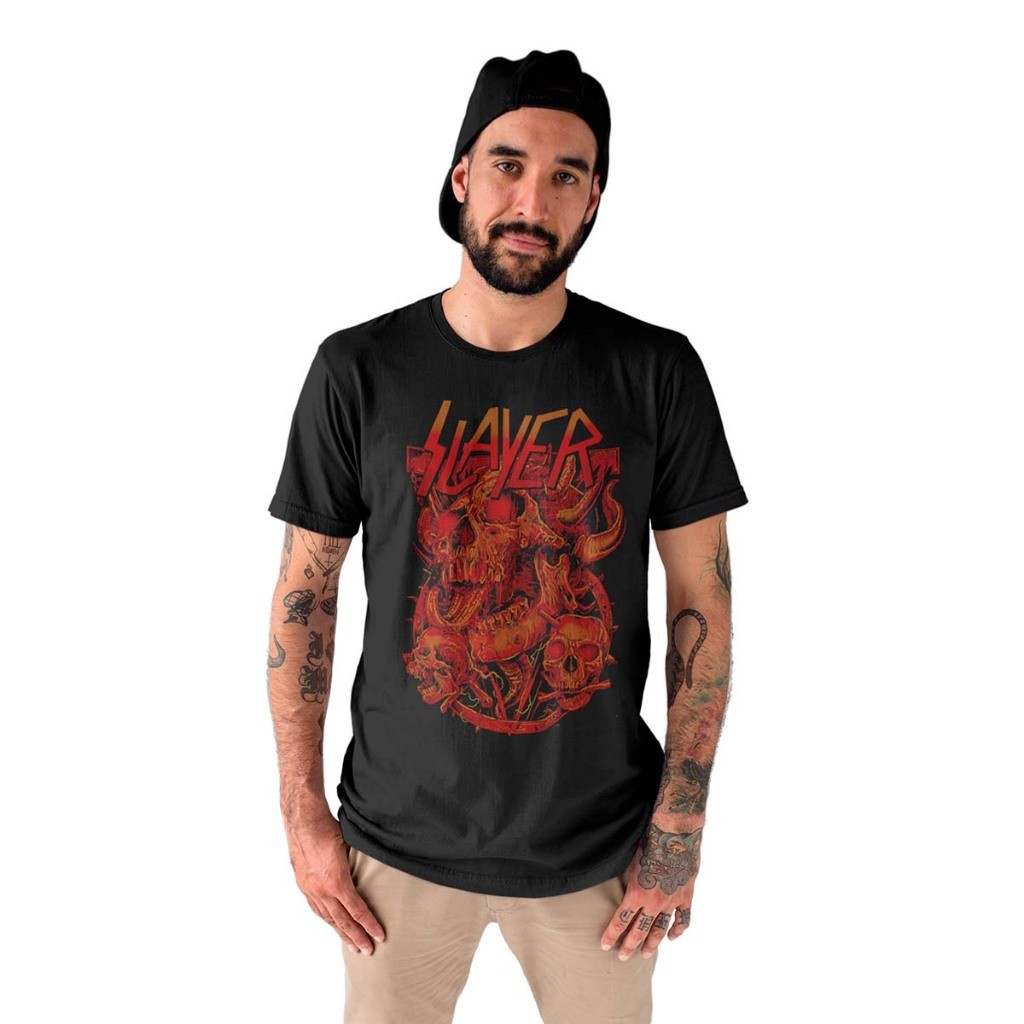 Camiseta Rock Punk Slayer Skull Red Slayer Algodão Premium Unissex